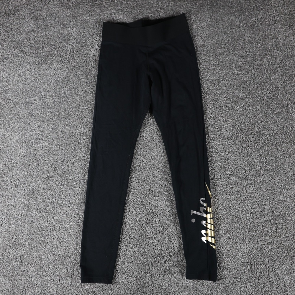 Nike Women's Leggings Size S Black Full Length Gold Silver Metallic Logo Graphic